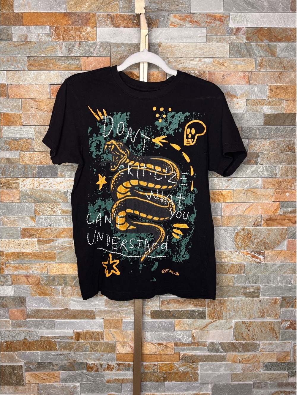 Reason black snake graphic t-shirt size small streetwear slogan tee